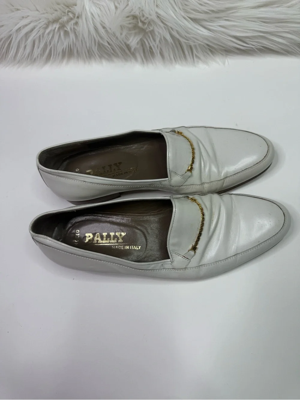 Bally White Leather Chain-Trim Loafers Men Shoes Size 7.5 Made in Italy